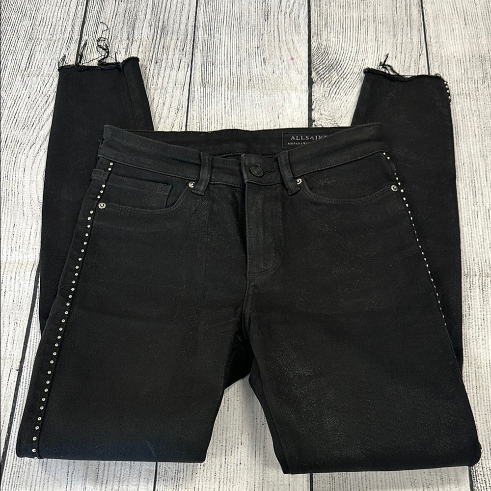 All Saints Sz 25 Miller Black Skinny Jeans w/Silver Studs - Picture 8 of 16